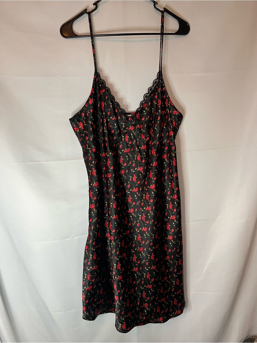 Secret Treasures Black Babydoll with Red Rose Print and Lace Trim